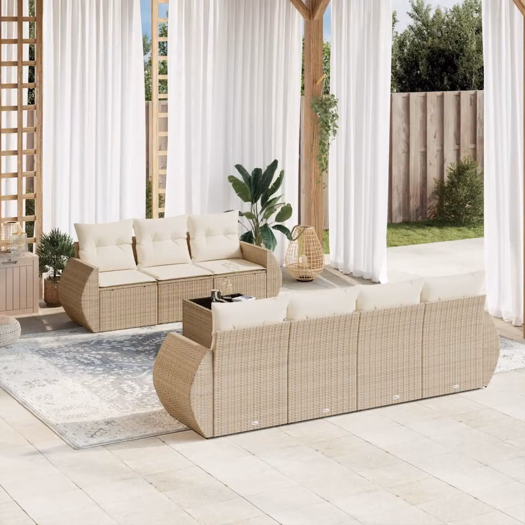 vidaXL Set Divano da Giardino a L 8 pz con Cuscini Beige e Tavolino in Polyrattan e Metallo – 1