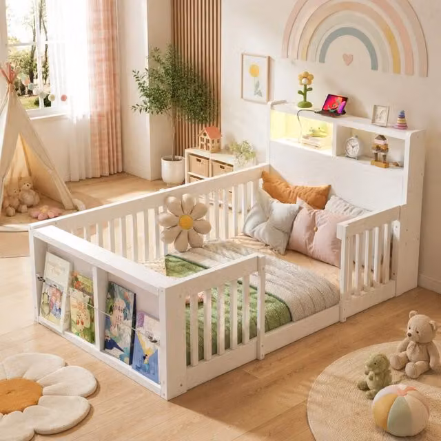 Letto multifunzione per bambini 90 × 190 cm in legno bianco con sponde alte; USB e luce notturna