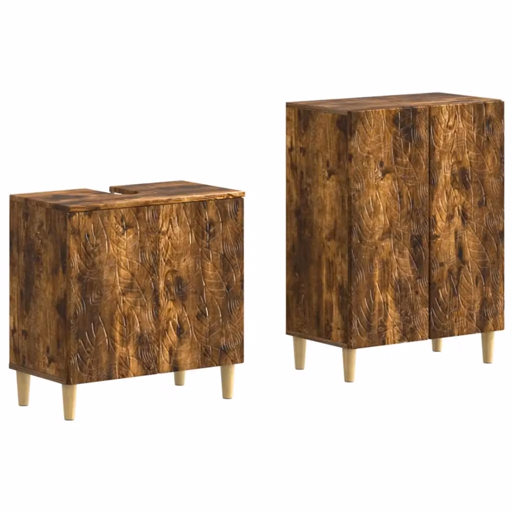 Set di mobili da bagno moderno vidaXL composto da mobile lavabo e mobile contenitore in legno Rovere Fumo marrone L/P/H: 80,0 x 59,5 x 31,5 cm e 59,5 x 29,08 x 34 cm – 2