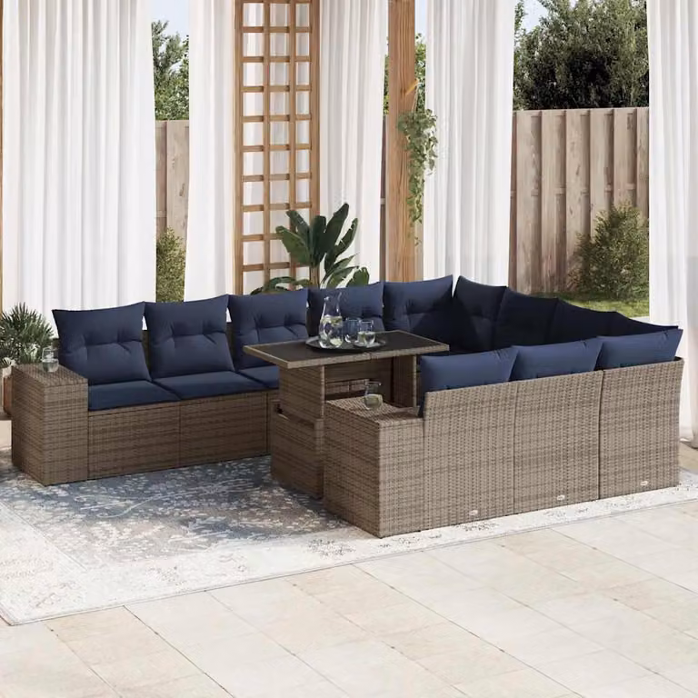 Set di divani da giardino vidaXL 11 pezzi in polyrattan e legno di acacia con cuscini, forma a U, grigio