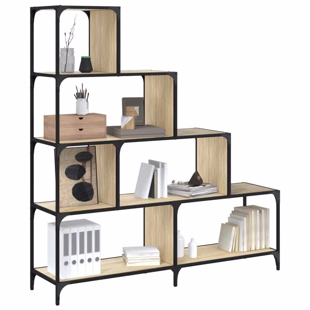 Libreria a scala vidaXL in legno e metallo stile industriale, 4 ripiani, Rovere Sonoma, L 139 cm x P 33,5 cm x H 149 cm