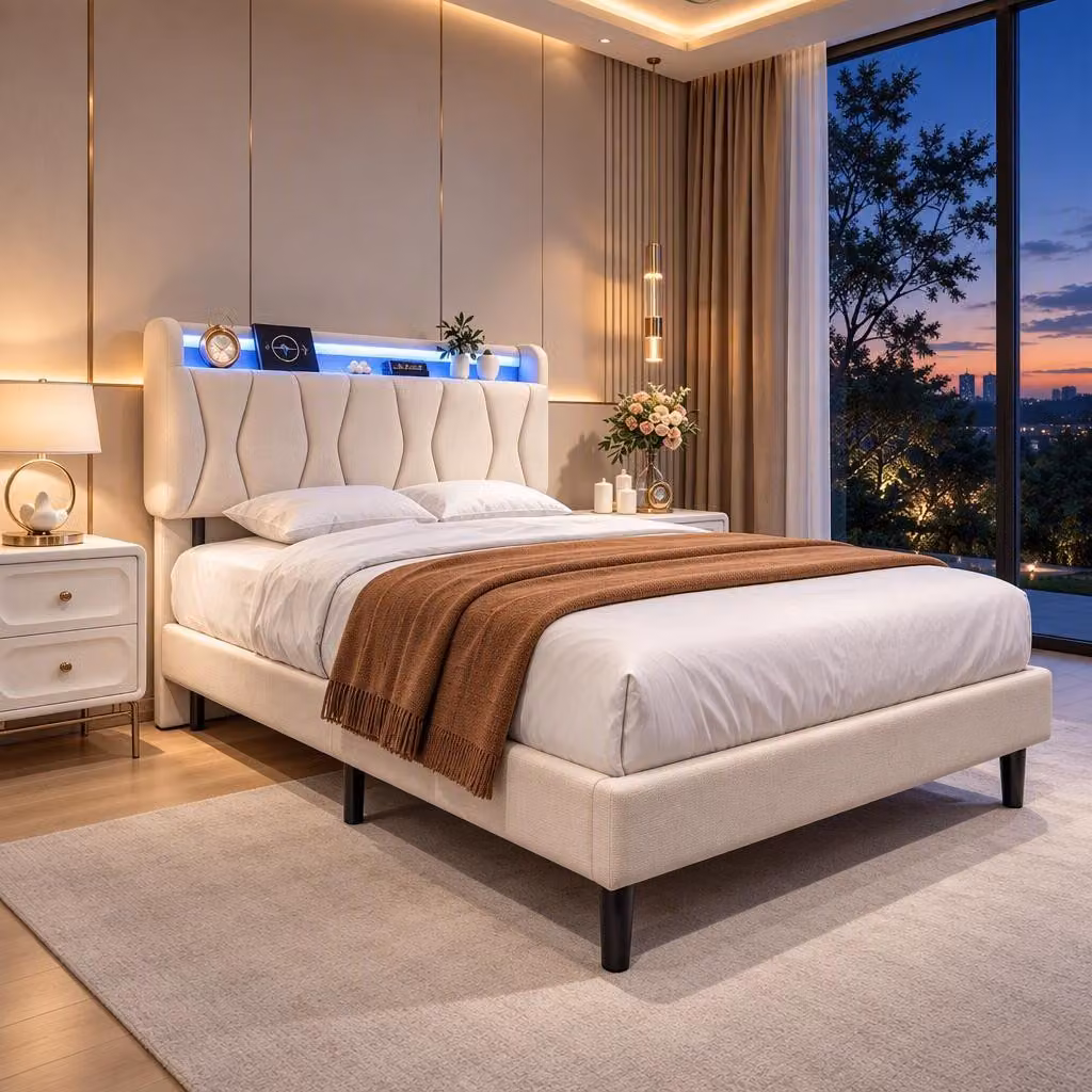 INONEFT, letto imbottito matrimoniale, 140 x 200 cm, letto moderno rivestito in tessuto con testiera imbottita, struttura del letto con illuminazione LED e stazione di ricarica (beige, 140 x 200 cm)