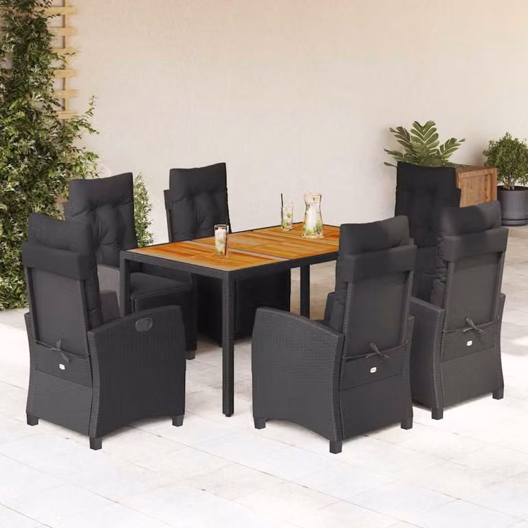 Set da Pranzo da Giardino vidaXL 7 pz in Polyrattan e Legno di Acacia Nero con Cuscini