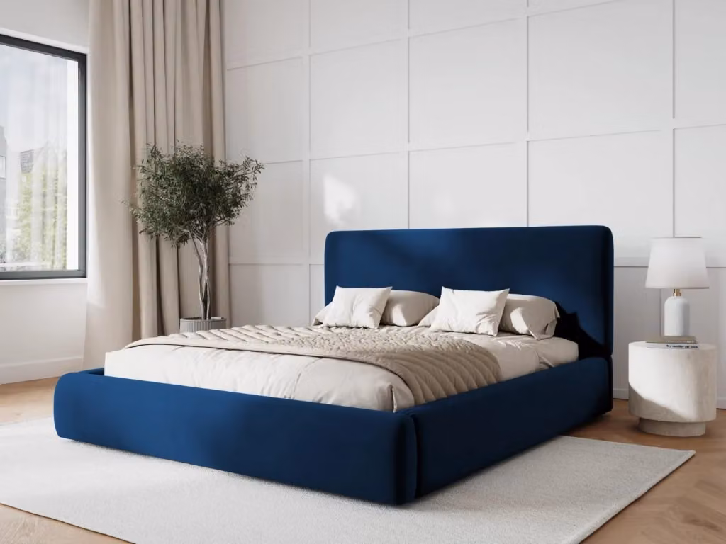 Letto con cassettone e testiera Colonel di Cosmopolitan Design in velluto blu, L/P/H: 140 x 200 x 101 cm – 2