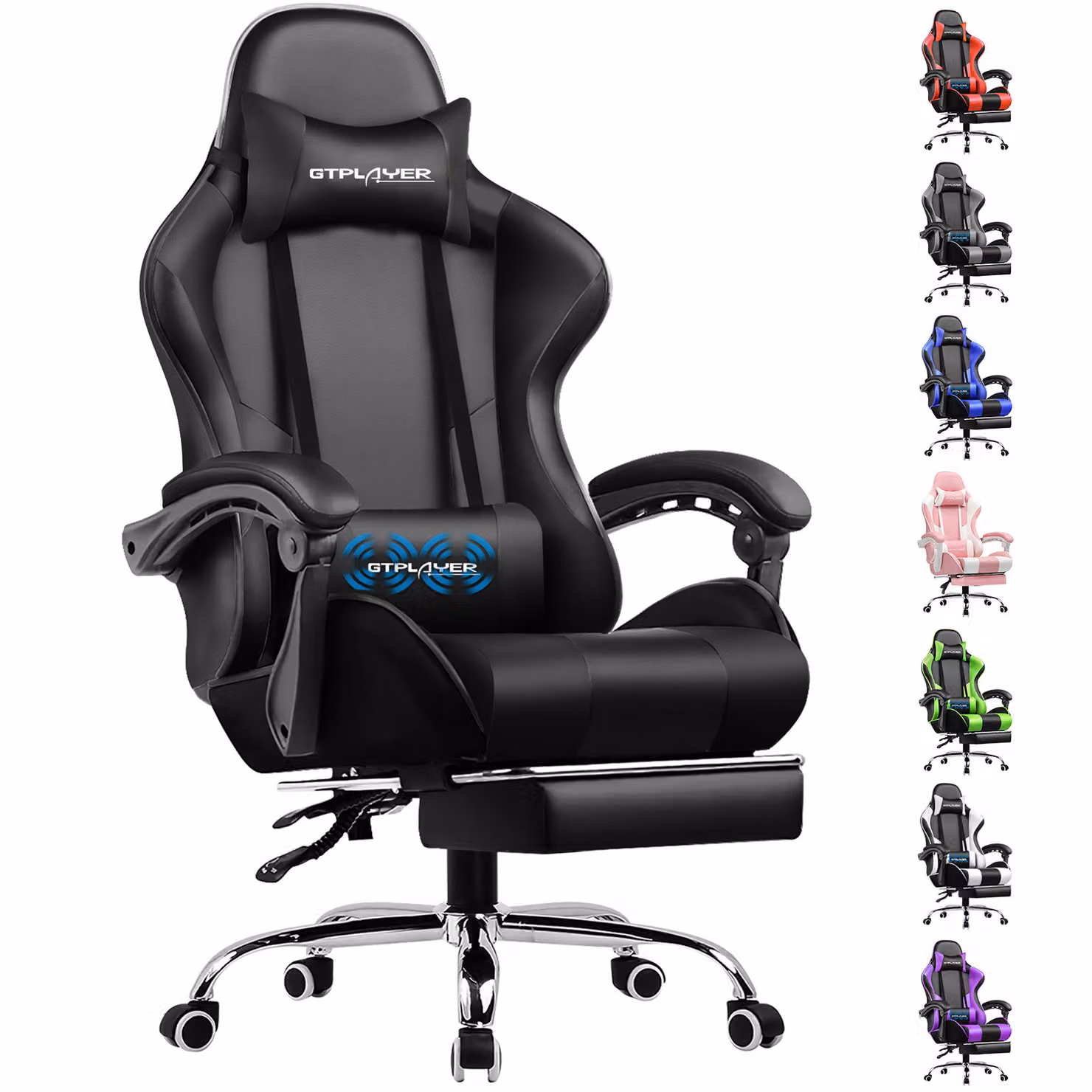 Sedia da gioco GTPLAYER Sedia da scrivania, sedia da ufficio ergonomica con funzione massaggio e poggiapiedi, collegamento con maniglia, base in acciaio, nero