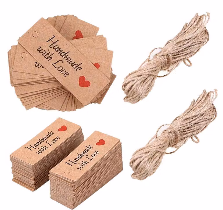 200 etichette regalo in carta kraft con cordino di iuta, dimensioni 5x2 cm