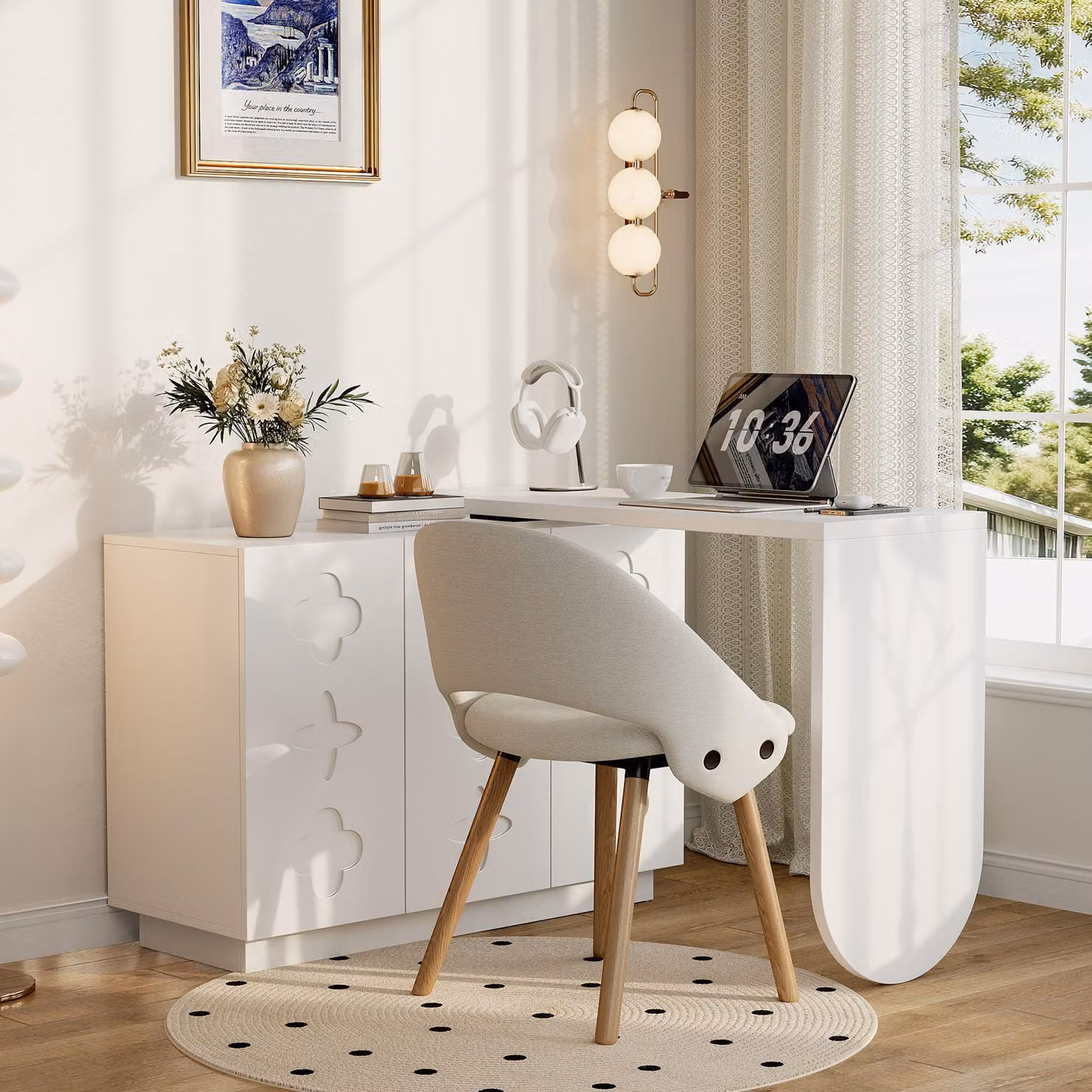 Flieks scrivania angolare girevole, tavolo da pranzo allungabile tavolo da lavoro con mobile e ripiani regolabili, 110x40cm, bianco