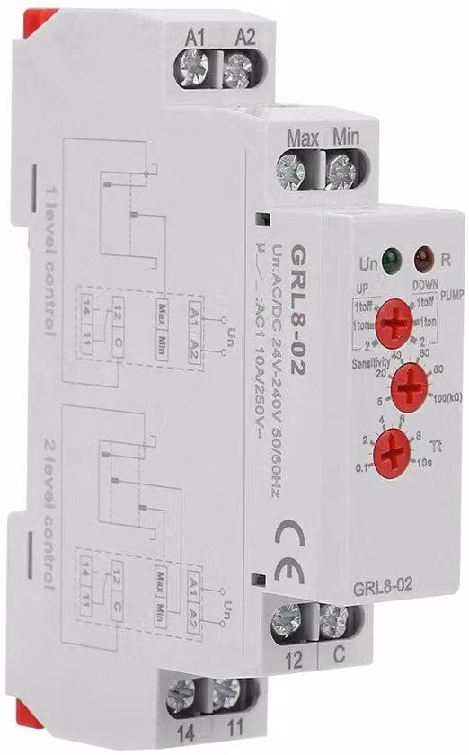 GRL8-02 - Regolatore per corrente alternata, 24-240 V, 10 A, controllo del livello 1/2, regolazione della sensibilità 5-100 kΩ, tempo di risposta 400 ms, relè di controllo