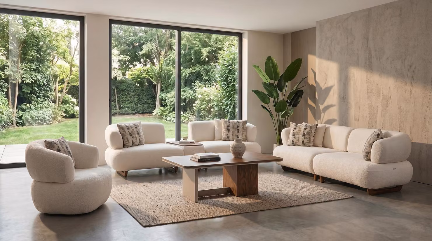 Set di divani 4+3+1 posti, con tavolino, rivestito in tessuto bouclé beige. Set di divani imbottiti