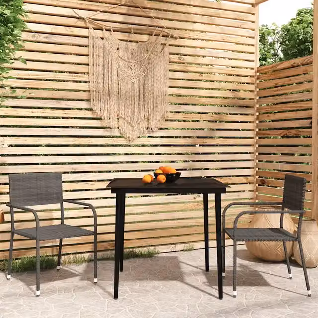 Set da pranzo da giardino moderno vidaXL in metallo e vetro, 3 pezzi, Grigio e Nero – 1