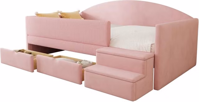 Letto a Divanetto Singolo per Bambini in Velluto Rosa con 2 Cassetti e Scalini, L/P/H: 190 x 90 x 69,5 cm