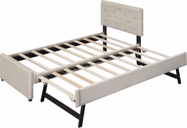 Letto imbottito beige in velluto 90x200 cm con rete a doghe e letto estraibile
