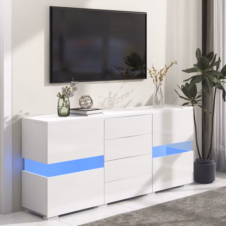 Cassettiera Merax bianca lucida con illuminazione a LED a 16 colori incl. telecomando, cassettiera a LED bianca per il soggiorno Mobile con ampio spazio di archiviazione