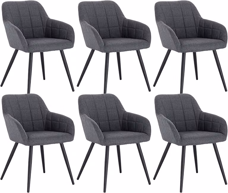 WOLTU 6 x sedie da sala da pranzo set di 6 sedia da sala da pranzo sedia da cucina sedia imbottita sedia di design con braccioli, con seduta in lino, struttura in metallo, grigio scuro