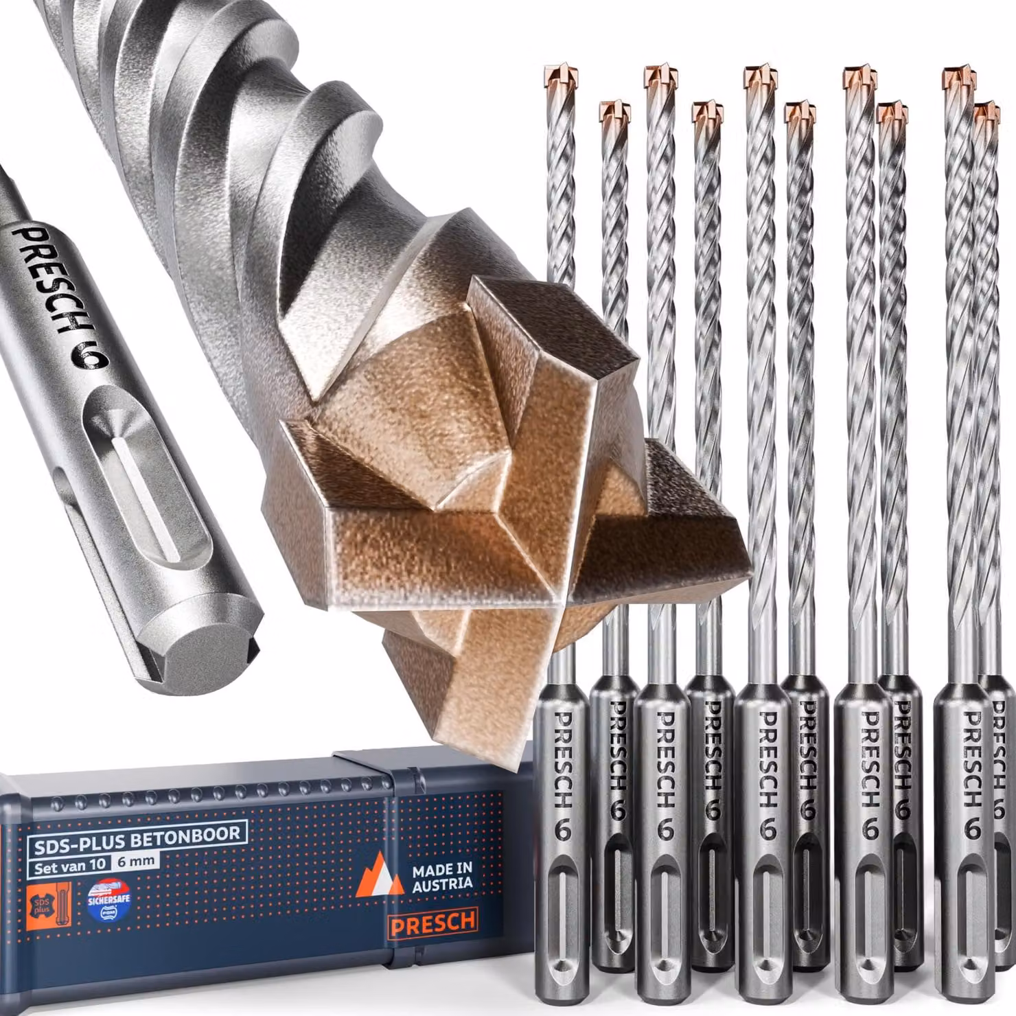 Punta per trapano SDS plus per calcestruzzo - 6 mm - 10 pezzi - Punta a martello con 4 taglienti in metallo duro e indicatore di profondità - Per calcestruzzo, muratura e pietra