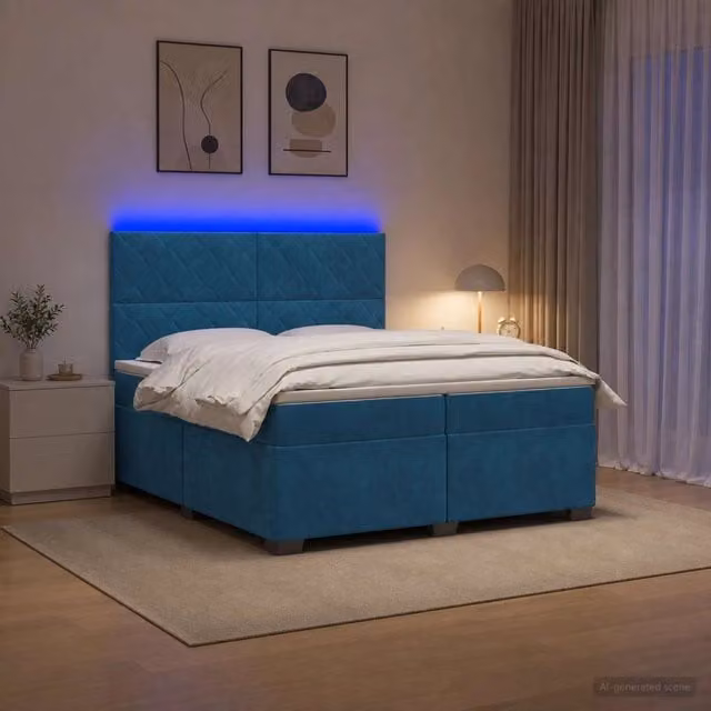 Letto box spring con materasso vidaXL in velluto blu con base a sollevamento, porte USB e illuminazione sottostante, L/P: 200 x 200 cm