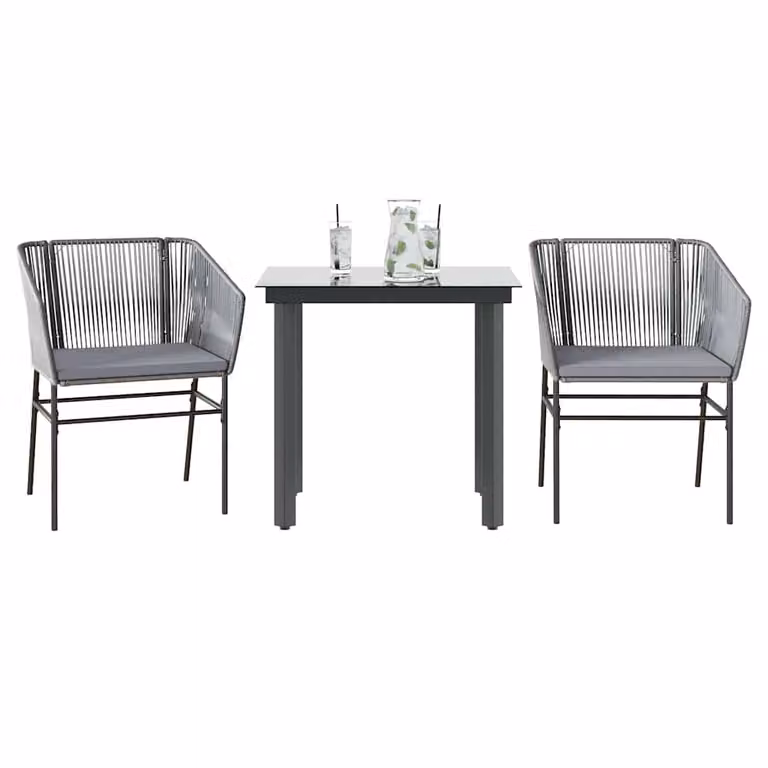 Set da pranzo da giardino vidaXL in polyrattan con tavolo in vetro e cuscini, grigio e nero