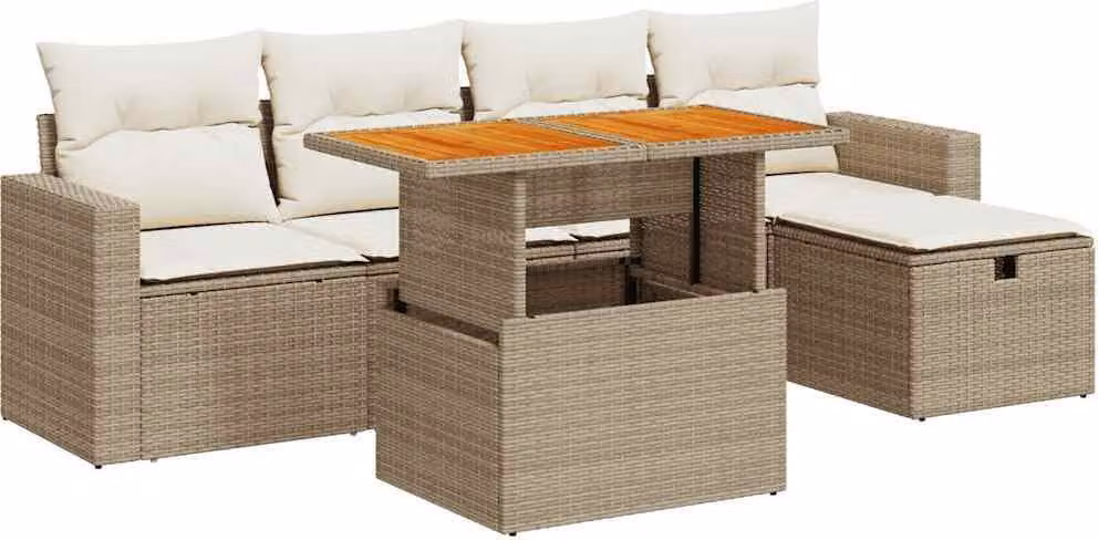 Set Divano da Giardino 6 pz con Cuscini Beige Polyrattan Acacia