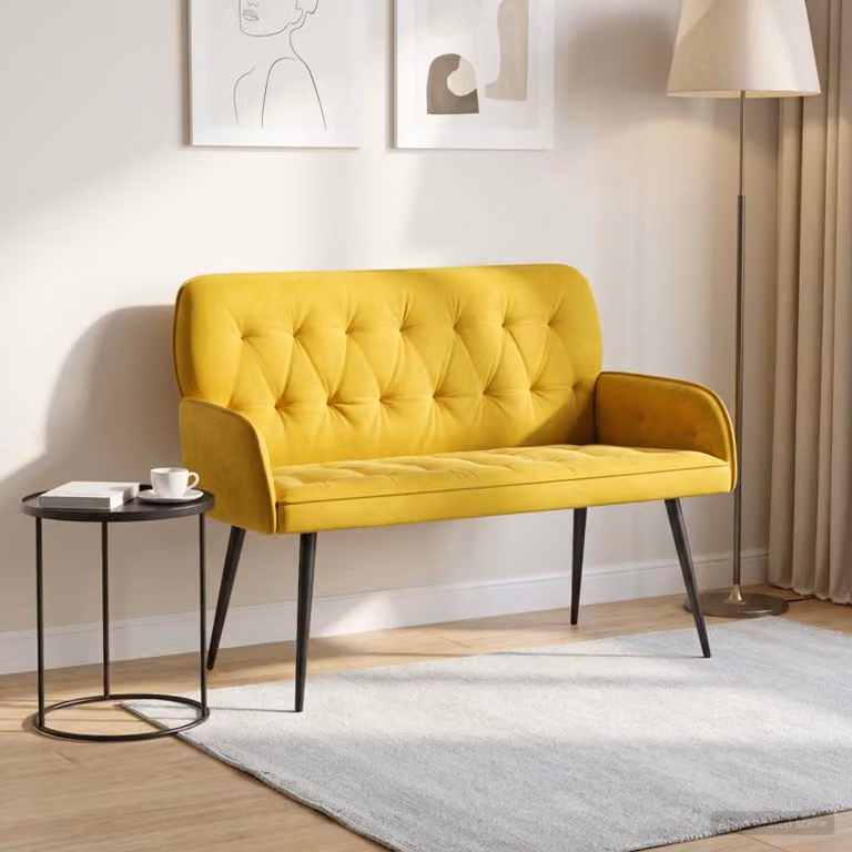 Divano a 2 posti vidaXL in velluto giallo con gambe in metallo e legno, design moderno e lineare per soggiorno o ufficio, L: 115 cm, P: 58 cm, H: 86 cm