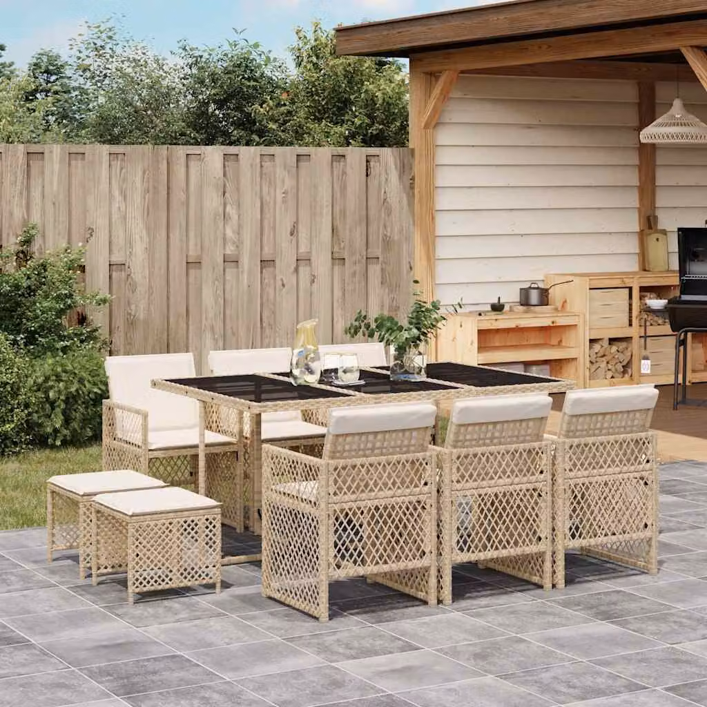 vidaXL Set da Pranzo da Giardino 11 pz in Polyrattan con Cuscini Beige e Bianco e Tavolo in Vetro – 1