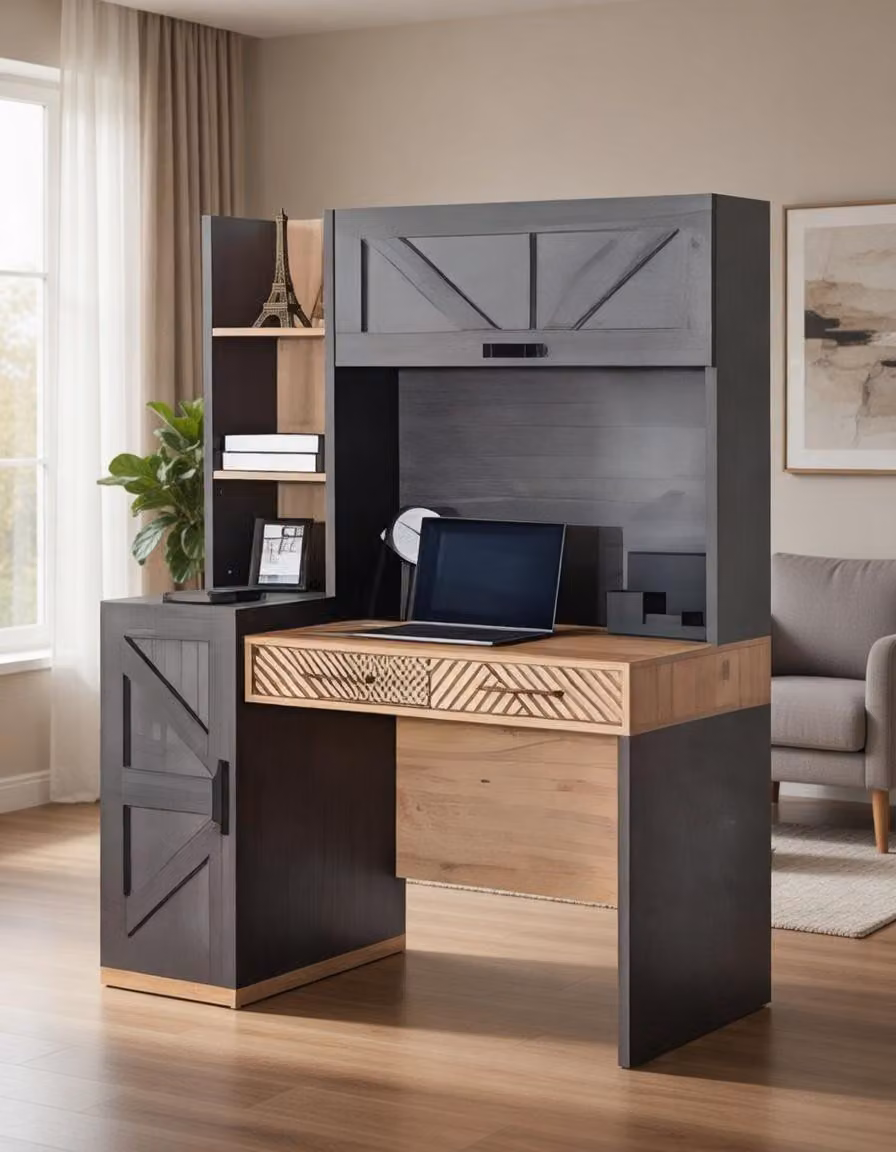 Scrivania per computer in legno con ripiani e cassetti funzionali