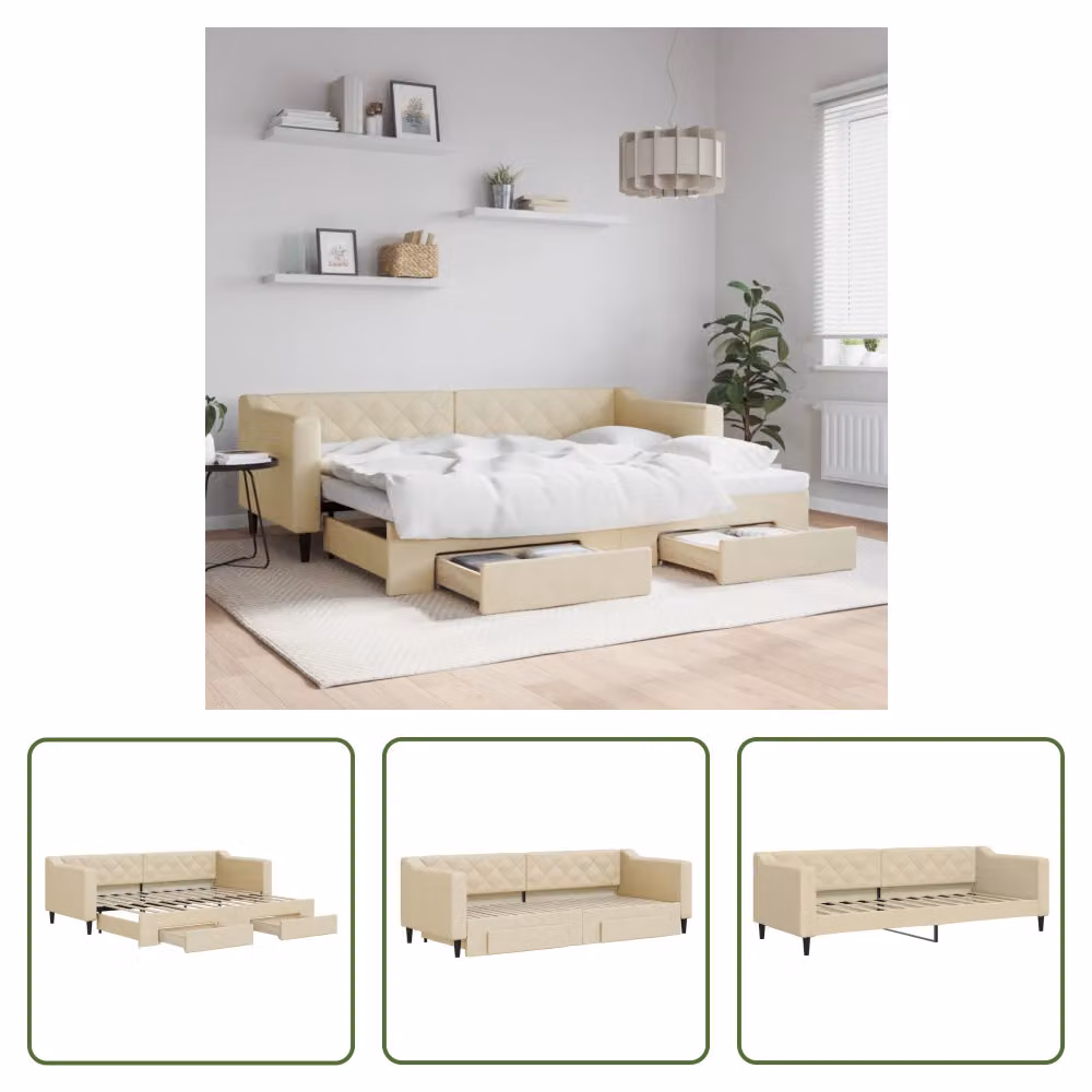 The Living Store letto da giorno allungabile con cassetti crema 80x200 cm in tessuto
