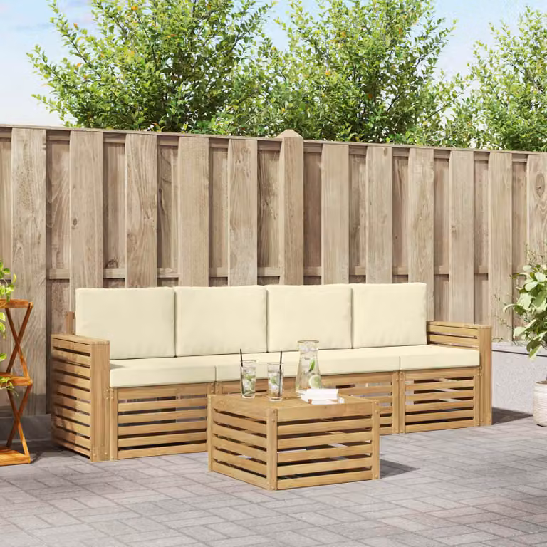 Set di divani da esterno vidaXL in legno di acacia con tavolino e cuscini, Bianco e Beige