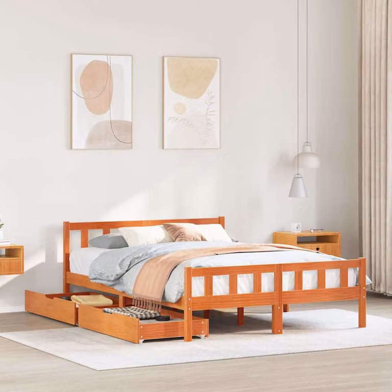 Letto in legno di pino vidaXL con finitura cera marrone e cassetti, L/P/H: 160 x 200 x 100 cm