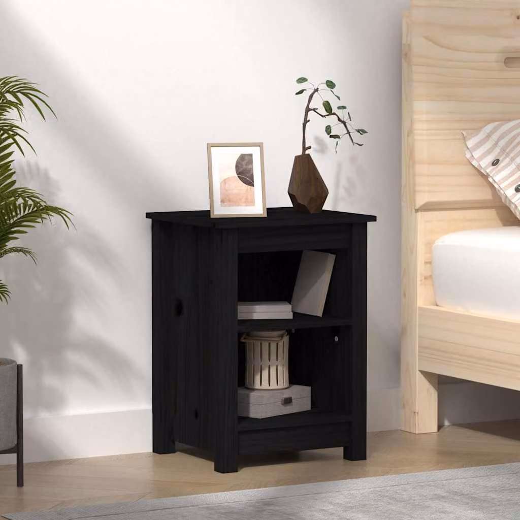vidaXL Comodino Nero 40x35x55 cm in Legno Massello di Pino