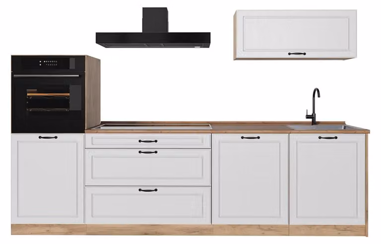 Cucina componibile Vicco R-Line Bianco country/Rovere dorato 280 cm piano di lavoro Rovere dorato, Model 67987