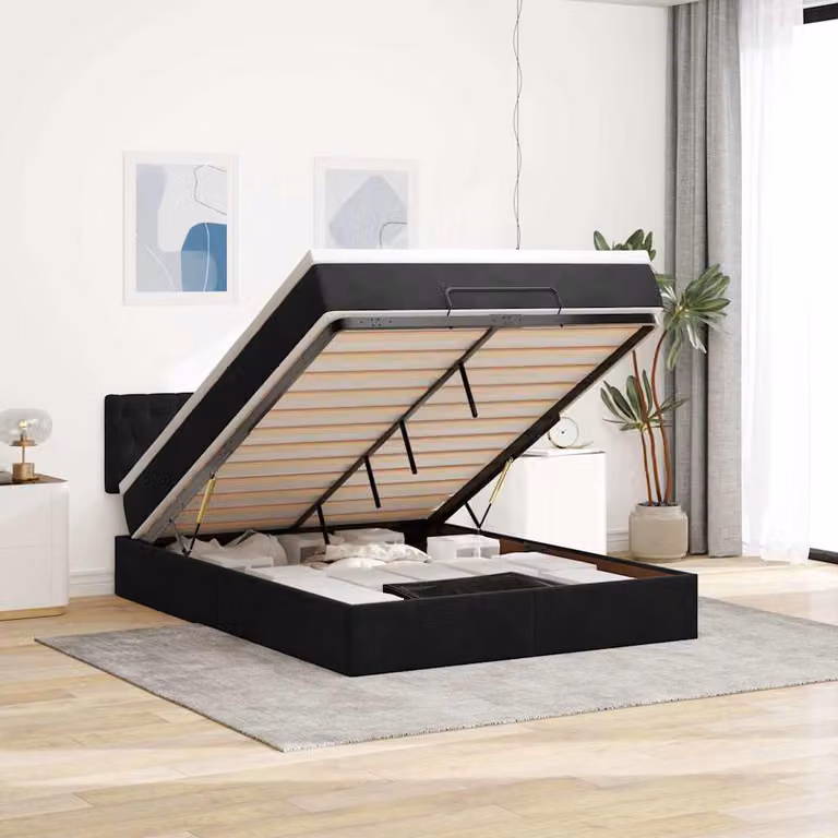 Struttura Letto con Materasso e Contenitore a Sollevamento vidaXL in Velluto Nero L/P/H: 193 x 144 x 88 cm