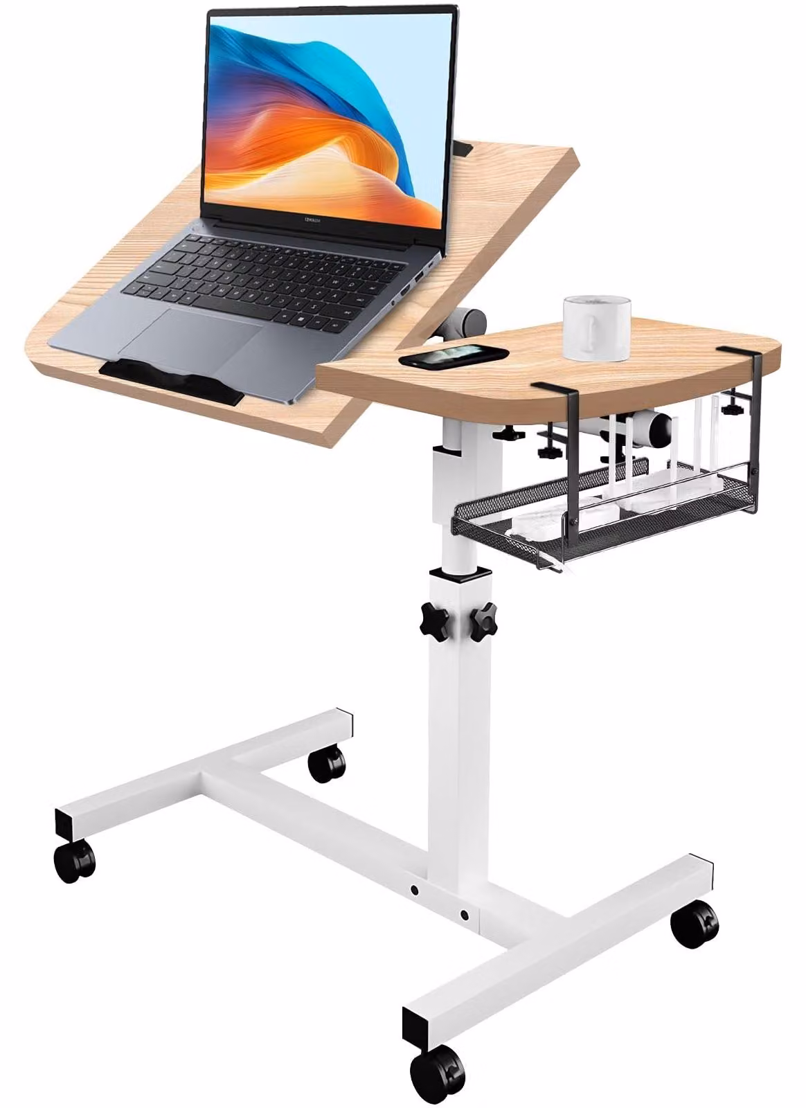 SolidKeus - Tavolo regolabile per laptop con ruote e cesto portaoggetti