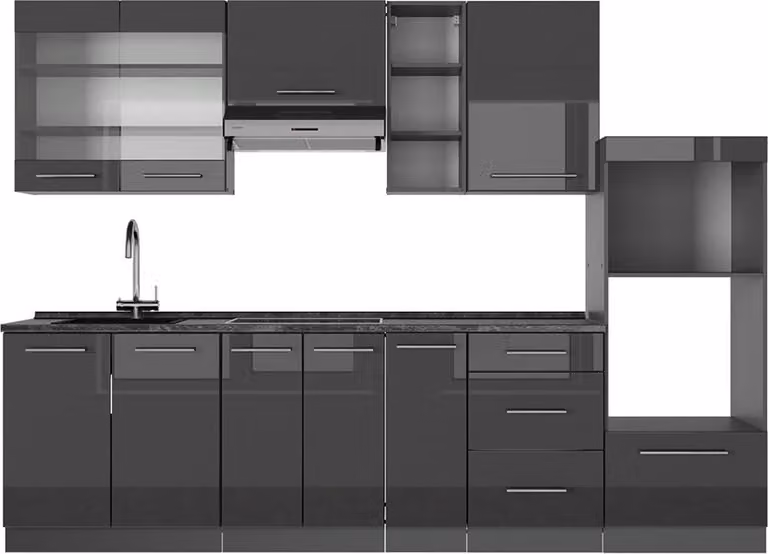 Cucina componibile Vicco Fame-Line Antracite lucido 280 cm senza piano di lavoro, Model 57203