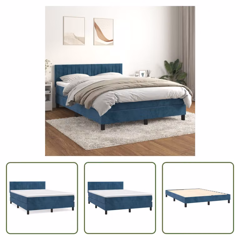 The Living Store Letto a molle con materasso blu scuro 140x190 cm in velluto