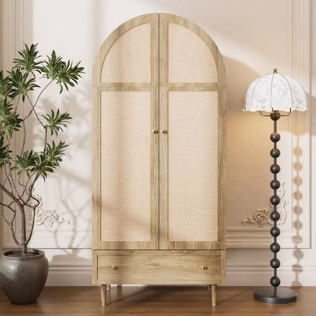 Armadio moderno con ante a battente e cassetti integrati in legno e MDF, finitura opaca color rovere beige, L: 79 cm, P: 50 cm, H: 175 cm