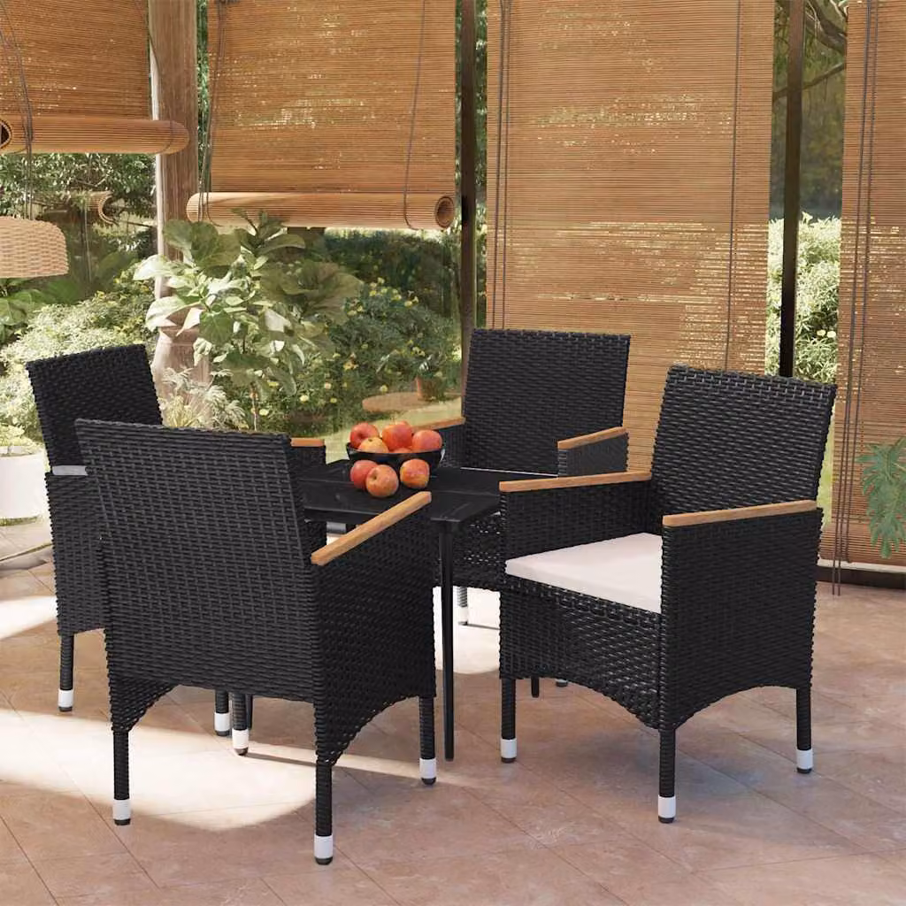 Set da pranzo da giardino vidaXL in polyrattan nero con cuscini e tavolo in vetro e legno di acacia