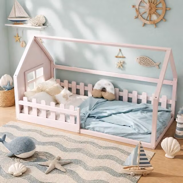 Letto per bambini 90x200cm in pino e MDF, design a casetta rosa