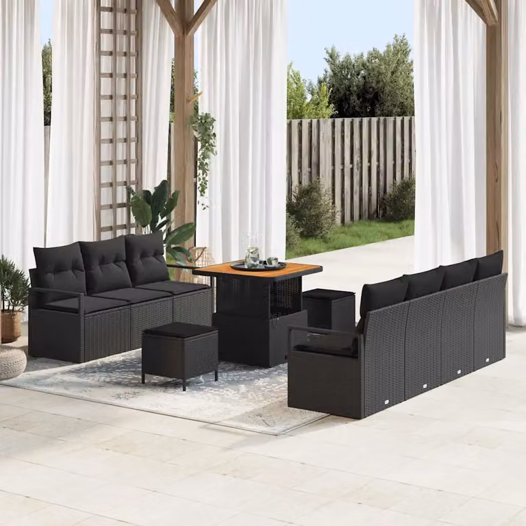 Set Divano da Giardino vidaXL 10 Pezzi con Cuscini e Tavolino Nero