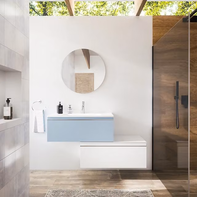 Mobile bagno sospeso 60 cm blu pastello con lavabo e cassettone bianco opaco | Darwin
