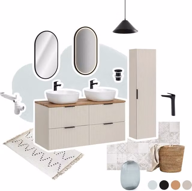 Mobile lavabo bagno Vedea Adel Cashmere beige con ante a cerniera e cassetti, sospeso, design moderno