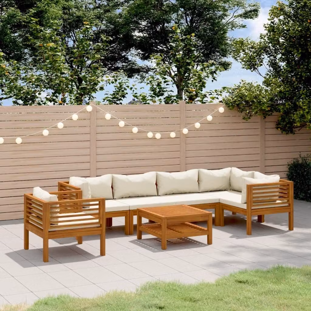 The Living Store Set da salotto da giardino 7 pezzi con cuscini crema Legno massiccio di acacia