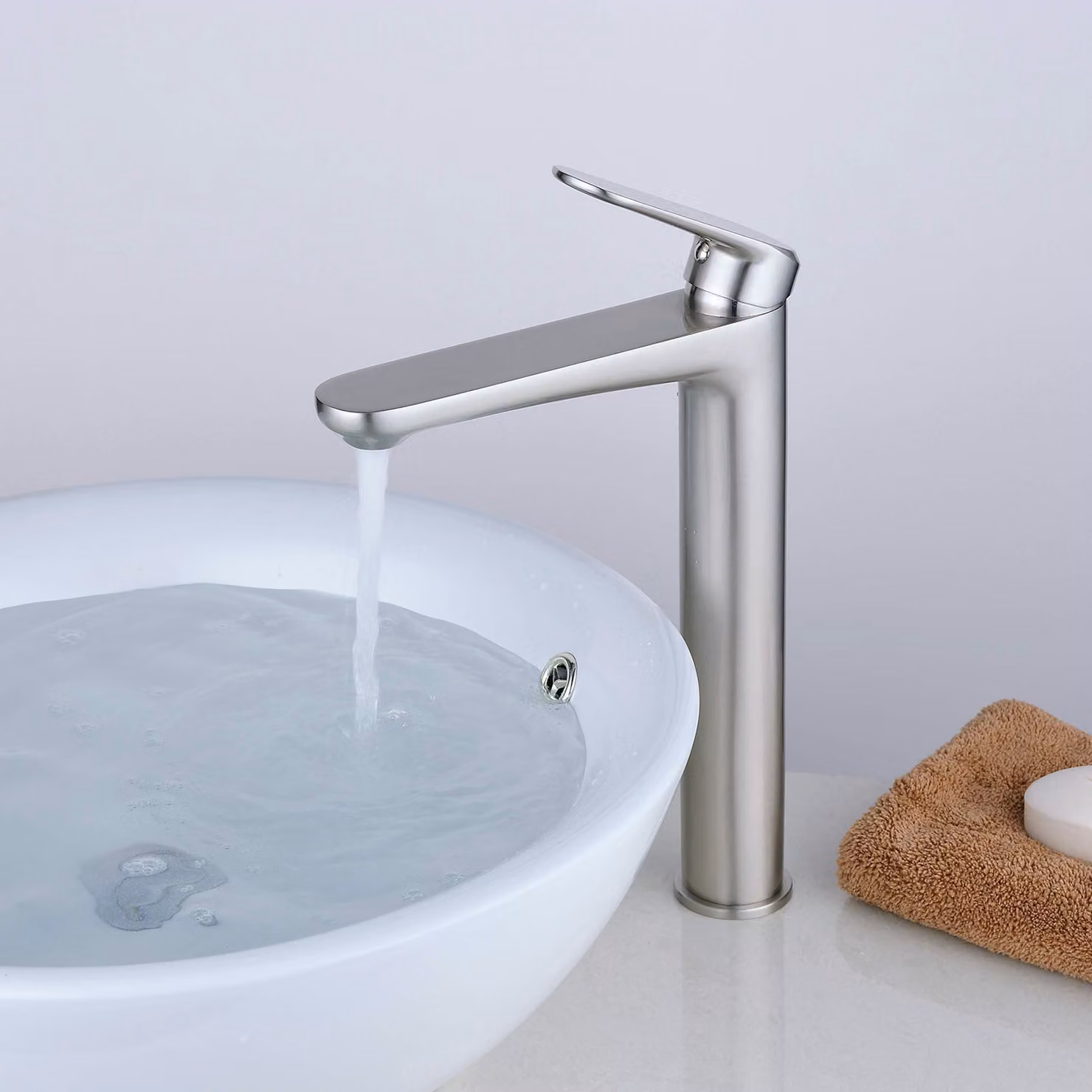 Miscelatore monocomando per bagno, monoblocco, in ottone, finitura in nichel spazzolato, senza piombo