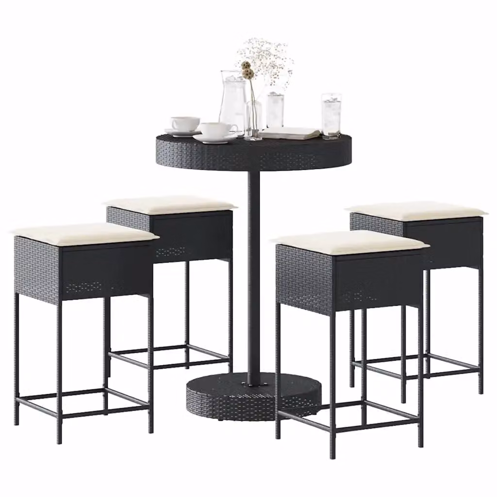 Set Bar da Giardino 5 pz in Polyrattan Nero con Cuscini e Tavolo Rotondo – 2