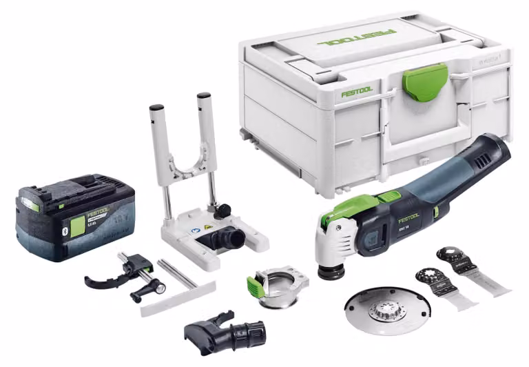 Set base Festool OSC 18 E con oscillatore a batteria 18 V Starlock Max Brushless + 1 batteria da 5,0 Ah + set di 7 accessori + valigetta Systainer - senza caricabatterie