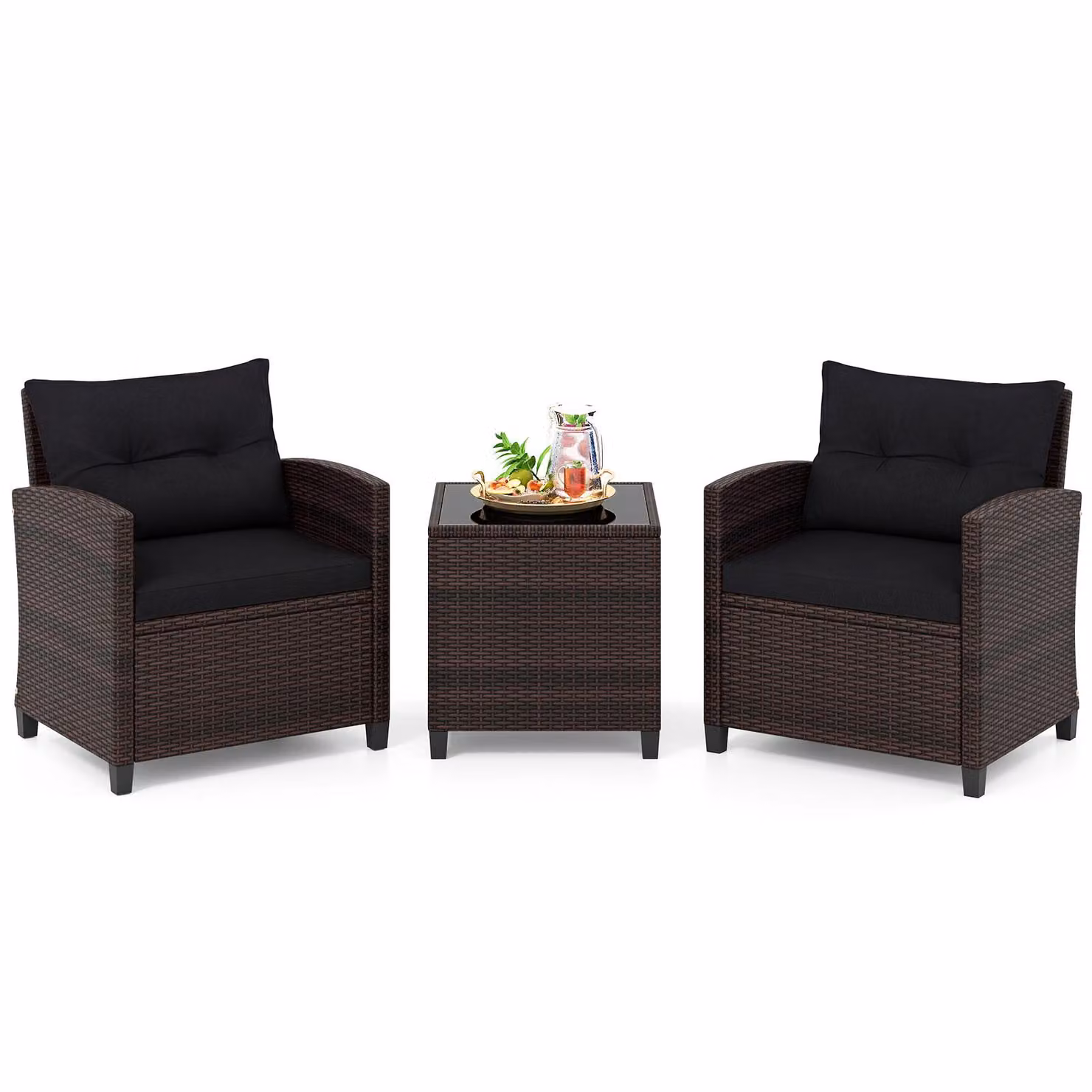 Set di mobili da giardino COSTWAY in rattan sintetico, composto da 3 pezzi. Set di mobili da balcone che include 2 poltrone, cuscini e un tavolo con piano in vetro temperato, ideale per creare un'area relax resistente alle intemperie per 2 persone