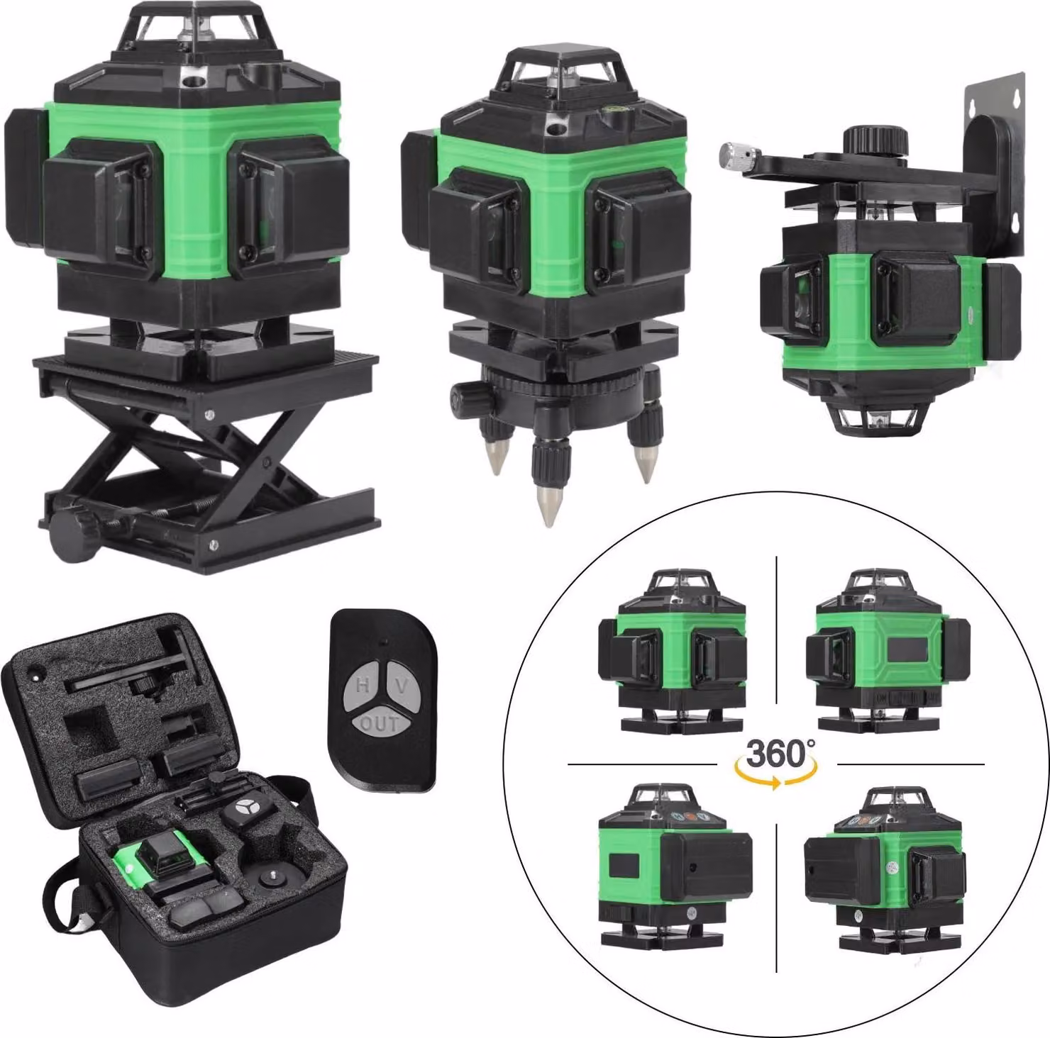 Livella laser - Dispositivo laser 4D con 16 linee, laser a croce - Autolivellante a 3° - Linee laser a 360° per pavimento e parete - Include treppiede e custodia in tessuto - Linea laser verde