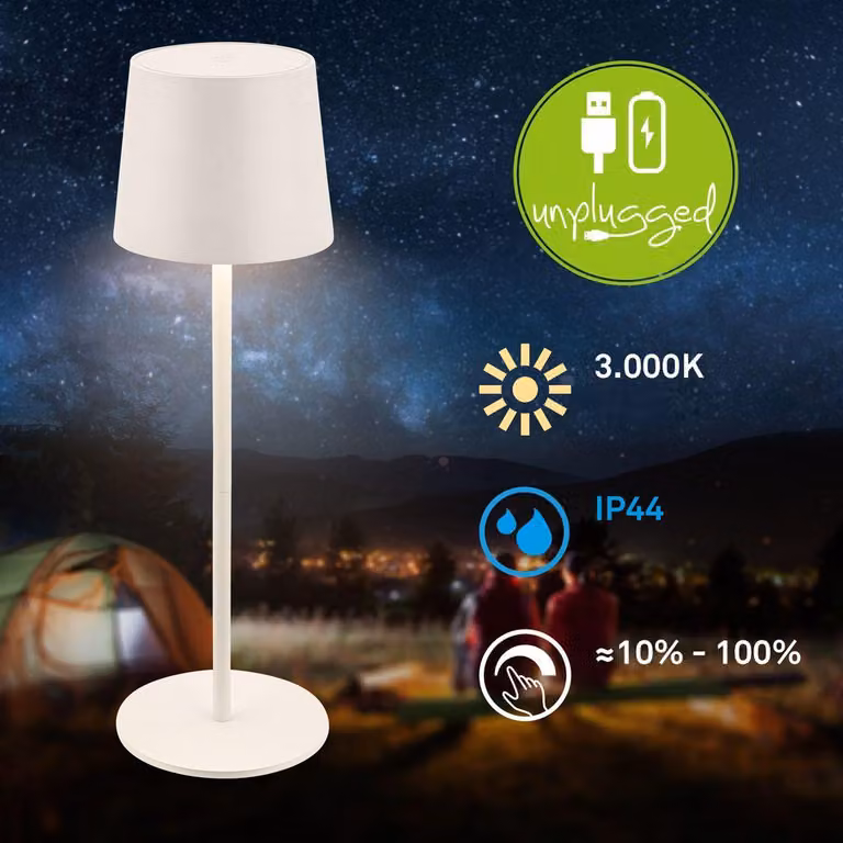 Briloner BOTA Lampada da tavolo LED senza fili IP44, dimmerabile, touch, batteria ricaricabile, protezione dagli spruzzi d'acqua, bianco antico, Ø11 x 33 cm