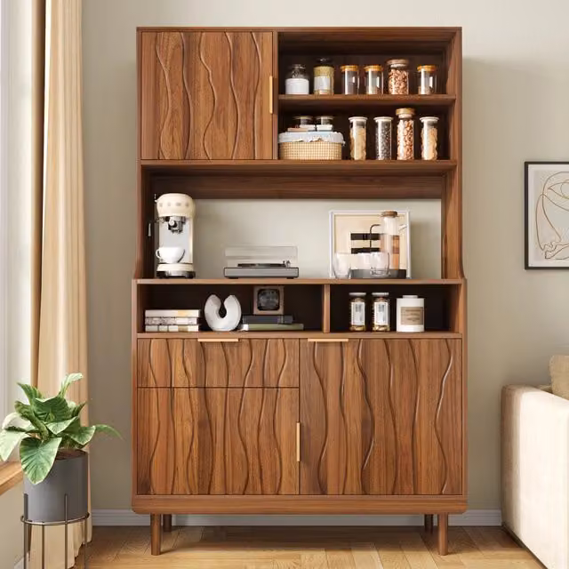 Credenza da cucina alta con cassetto, vani aperti e ante, finitura noce, per cucina e sala, 100 × 32 × 170 cm
