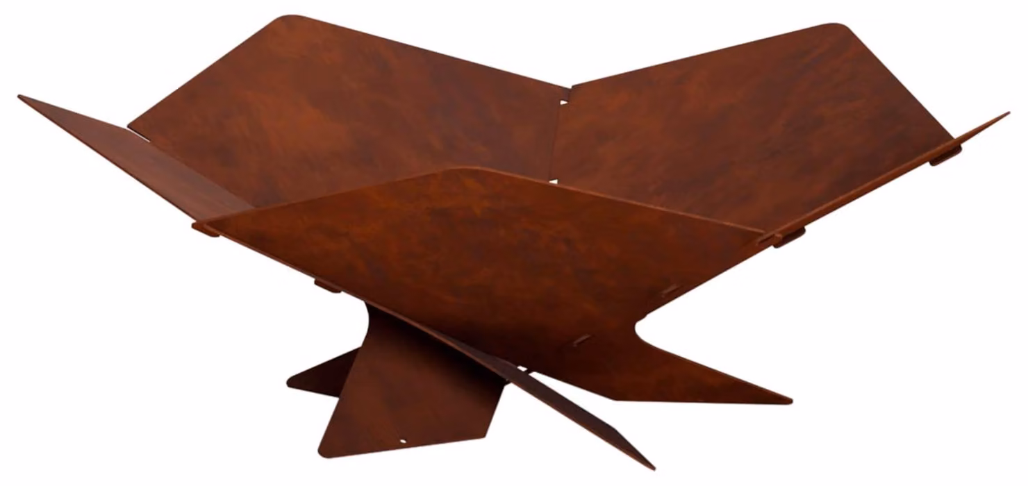 Focolare con finitura effetto ruggine, dimensioni 53 x 53 x 18,5 cm, realizzato in acciaio resistente agli agenti atmosferici