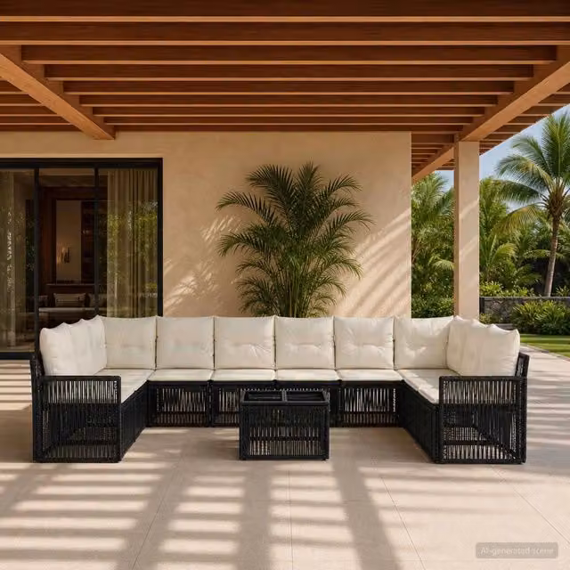 Set Divano da Giardino Moderno vidaXL in Polyrattan con Tavolino e Cuscini, Nero e Bianco